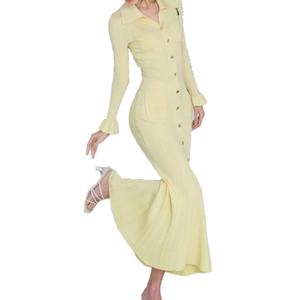 Robe longue décontractée sur mesure OEM de haute qualité, ajustée, à revers, simple boutonnage, manches longues, en maille, longueur midi, vente en gros - Product Image 3