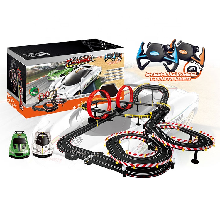 Plastic Toy Car Steering Wheel Remote Racing Tracks Slot Car Racing Sets With Track Total 1400cm