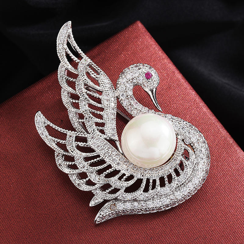 Swan Brooch New Zircon Swan Brooches for Women Elegant Pearl Pins Zirconia  Dress Corsage Party Jewelry Color Wedding