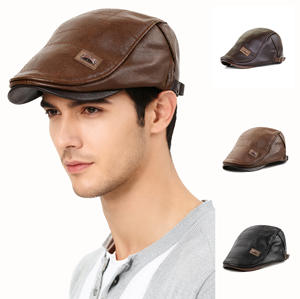 Hiver Rétro Classique Chapeau Béret en Cuir PU Hommes Casquette <span class=keywords><strong>de</strong></span> <span class=keywords><strong>Moto</strong></span> Chaud Chapeau Coupe-Vent - Product Image 1