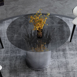 <span class=keywords><strong>Nero</strong></span> rotonda in <span class=keywords><strong>vetro</strong></span> temperato <span class=keywords><strong>tavolo</strong></span> da pranzo con oro argento base in acciaio inox per la casa albergo ristorante sala da pranzo - Product Image 3