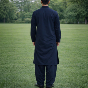 Kurta Salwar Kameez de Algodón Azul Marino para Hombre, Manga Larga, Largo hasta el Tobillo, Atuendo Casual Tradicional, Corte Regular, Sin Arrugas - Product Image 1