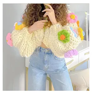 2023 Knitting Plus Size Flower Thick Chunky Design Women'S Handmade Girls Woolen Cropped Crocheted Crochet Cardigan Sweater