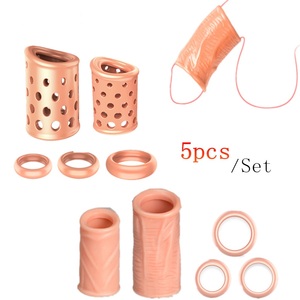 Neues Design Atmungsaktive Penis hülle 5-teiliges Kit Wieder verwendbarer Silikon-Penis ring Tag und Nacht Verwenden Sie Kondome Vorhaut korrektur ring Sexspielzeug - Product Image 1
