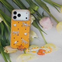 Coque de téléphone scintillante 3D avec strass, nœud et perles en forme de cœur pour iPhone 11 12 13 14 15 16 17 Pro Max, avec dragonne perlée mignonne pour filles