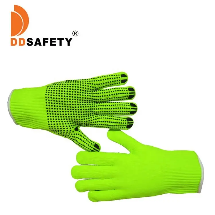 Hi-Viz Amarillo Verde Hppe Knit Guantes de trabajo de seguridad resistentes a cortes Nivel 5 protección con antideslizante PVC Punteado Luvas Guantes
