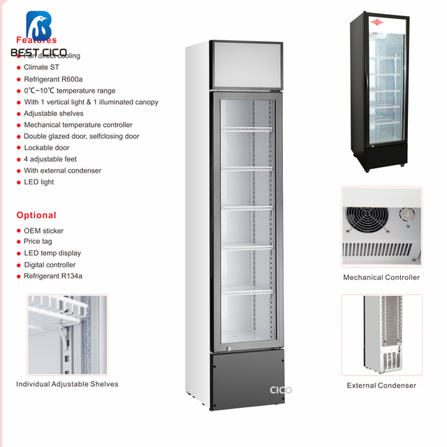 CICO Small Beverage Display Cooler 105L - Can Mini Fridge Perfect Slim Beverage showcase Stylish Upright Refrigerator