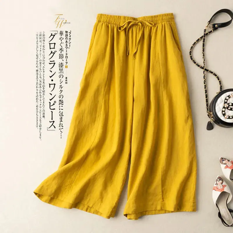 Pantalones holgados literarios para mujer, ropa femenina de cintura alta, de algodón y lino, sección delgada, de pierna ancha, 2022