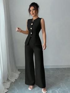 Ensemble 2 pièces décontracté pour <span class=keywords><strong>femme</strong></span>, tailles S-3XL, couleur unie, style professionnel, col en V, débardeur et pantalon, 100 % polyester, respirant et séchage rapide - Product Image 4