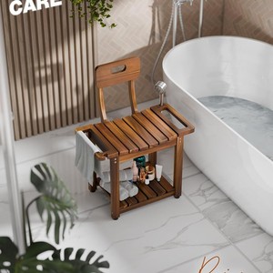 Tabouret de salle de bain en bois Zhuoyang avec dossier et double rangement, chaise de douche pour salle de bain - Product Image 4