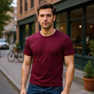 Camiseta Corta de Manga Corta Bordeaux con Cordón Lateral, Tejido Elástico de Punto, Cuello Redondo, Informal, Ajustada, Estampada para Hombre - Product Image 2