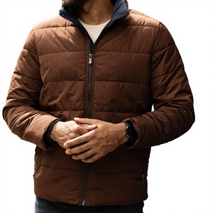 Men's Brown Puffer Jacket Windproof Zipper Closure Stand Collar Casual Winter Wear Polyester Wadding Thick Regular Fit - Product Image 3