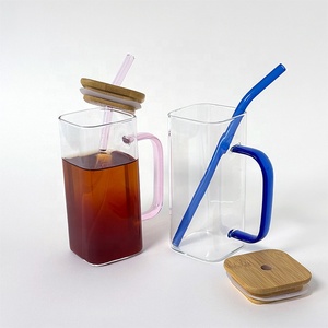 Tazza in Vetro Quadrata dal Design Moderno con Coperchio in Bambù e Manico, Adatta per Caffè, <span class=keywords><strong>Birra</strong></span> e Acqua - Product Image 1