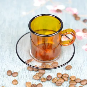 Çin toptan el yapımı Amber tek duvar borosilikat renkli çay küçük cam kap seti ile yuvarlak daire arapça kahve fincanları
