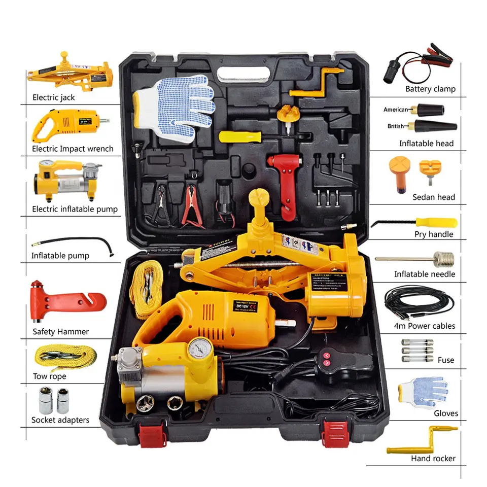 HF2ST venta directa de fábrica 5 en 1 gato de coche eléctrico DC12V 3T Jack compresor llave kit de herramientas de emergencia motor de elevación gato de coche