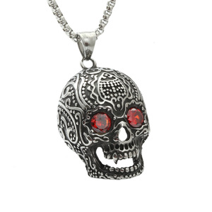 Collier pendentif crâne en acier inoxydable avec yeux en pierre rouge, bijoux de mode unisexe, cadeau - Product Image 1