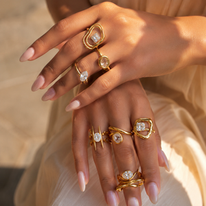 Women's 18K Gold <b>Plate</b> Stainless Steel <b>Rings</b> Modern Minimalist Lines Double-layer Hollow Geometric Large Zircon Open Gift - Product Image 2