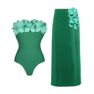2026 Women 2 Piece <b>Swimsuit</b> Set <b>Strapless</b> Bandeau Monokini With 3D Flower and Side Slit Long Cover Up Skirt Wholesale Beachwear - Product Image 2