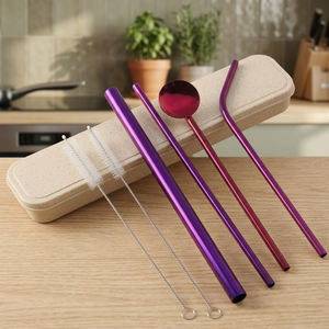 Purple Metal <b>Drinking</b> <b>Straws</b> Set of 4 Reusable Bar Accessories Modern Style - Product Image 6