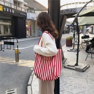 Customized Closure Fashion <b>Canvas</b> Lining Shoulder Large Capacity Korean Retro Striped All Seasons Street Style Tote Bag - Product Image 6
