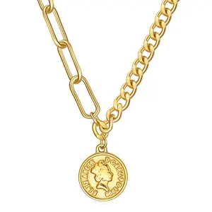 MECYLIFE England Queen Elizabeth Pound Coin Necklace 18K Gold Fashion Women Necklace Ot Chain