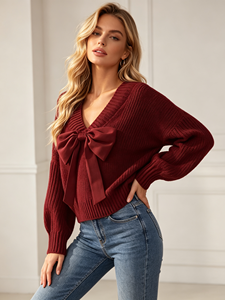 Pull court à col en V avec nœud décoratif et manches longues pour femme, couleur unie, collection automne-hiver – Offre spéciale - Product Image 2