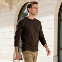 T-shirt à manches longues pour homme en coton mercerisé de qualité supérieure, tricoté, blanc, séchage rapide, respirant, 200 grammes, coupe classique, décontracté, pour tous les jours