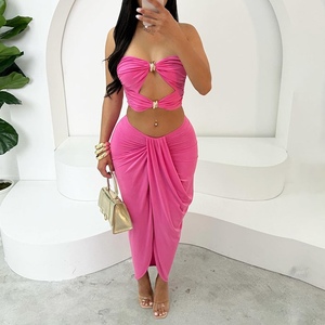 Summer New Hollow Backless Bustier Top High Waist Solid Color <b>Split</b> Half-body <b>Skirt</b> Women's 2-piece Set Fashion - Product Image 1