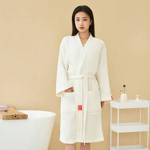 Elegant Summer <strong>White</strong> Knee-Length <strong>Dressing</strong> <strong>Gown</strong> 100% Cotton <strong>Waffle</strong> Weave Bathrobe Good Water Absorption Home Shower Robe-Tan One - Product Image 3