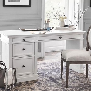 French Country <b>Solid</b> Oak Writing <b>Desk</b> Weathered Finish Traditional Home Office Pedestal <b>Desk</b> With 5 Storage Drawers - Product Image 4