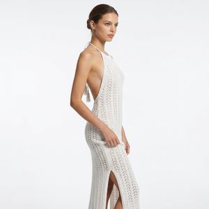 Nouvelle Robe Longue Blanche Femme Personnalisée en Maille Ajourée Halter Sans Manches, Cache-Maillot de Plage Évidé pour Vacances d'Été - Product Image 2