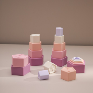 5 uds bebé <span class=keywords><strong>Pentágono</strong></span> silicona apilamiento juguete Montessori Color música diversión educación temprana bloques de construcción juguete regalo recién nacido - Product Image 3