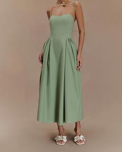 Robe en coton et lin pour femmes sur mesure Bretelles spaghetti Sans manches Avec poches Robe midi plissée élégante A-lien - Product Image 4