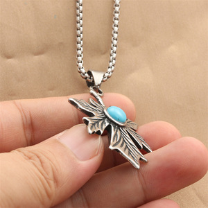 yunnique Stainless Steel Turquoise Pendant Necklace Men's Plant Shape Retro Geometric Design Bezel Setting Fashion Jewelry - Product Image 3