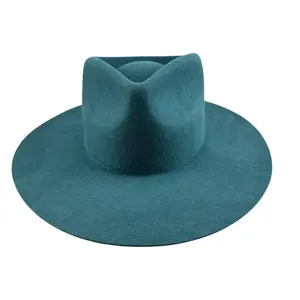 Topi flanel tepi lebar 100% wol Australia topi fedora hijau tua dengan tali gambar dapat diatur sweatband
