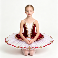 Robe de ballet en velours bordeaux avec dentelle dorée pour filles, tutu classique à bretelles spaghetti pour concours de danse et spectacles