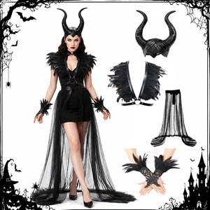 Disfraz de Halloween de la Reina Malvada (Maleficent) con tocado de cuernos y capa de plumas. - Product Image 1