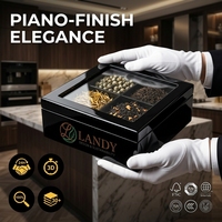Boîte à thé Landy de luxe noir brillant avec 4 compartiments et fenêtre en verre, présentoir laqué pour sachets de thé, idéal pour boutiques de cadeaux et grossistes