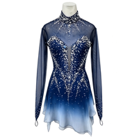 Robe de patinage artistique à col haut et manches longues, dégradé bleu et blanc avec strass, en tissu mesh pour compétition et spectacle sur glace (adultes et enfants)