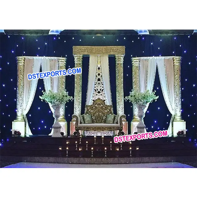 ゴールドピラーパキスタンの結婚式のステージ結婚式ゴールデンピラーニカーステージ結婚式の装飾ステージ