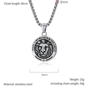 Collier avec médaille tête <span class=keywords><strong>de</strong></span> lion gravée sur mesure en acier inoxydable, pendentif rond avec citation inspirante, chaîne à maillons pour homme et femme - Product Image 4
