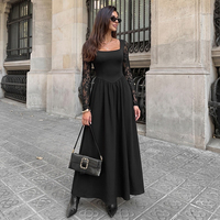 Robe longue élégante noire à coupe trapèze décontractée avec manches en dentelle pour femme, col carré, manches longues, style français, printemps-automne