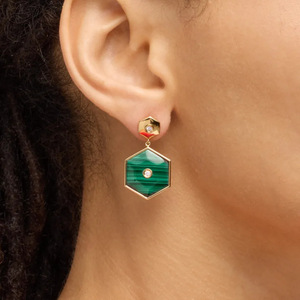 Hexagon Geometric <b>Stud</b> <b>Earrings</b> Green Stripe Gold Plated Party Fashion Jewelry - Product Image 5