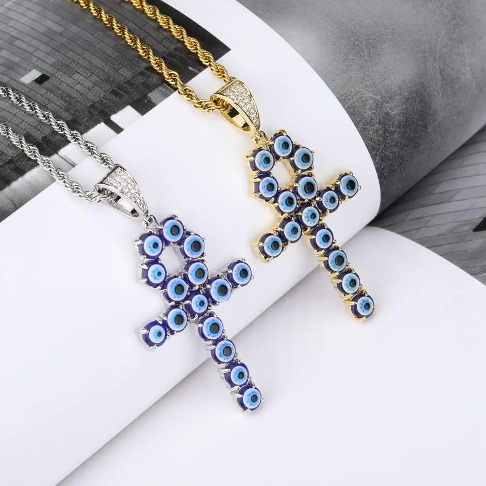Newest Iced Zircon Blue Eyes Ankh Cross Pendant Necklace Copper CZ Egyptian Key of Life Pendant Necklaces Hip Hop Jewelry