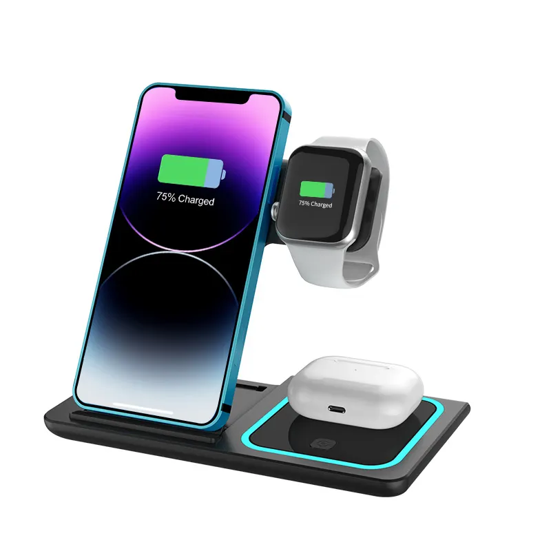 Portable Smart Phone Wireless Charging Fast 3 In 1 15W Folding Wireless Phone Charger