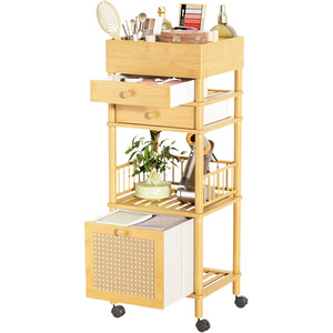 Chariot de rangement en bambou à 5 niveaux avec tiroirs et roulettes pour salle de bain, salon, chambre à coucher, étagère d'organisation multi-usages - Product Image 5