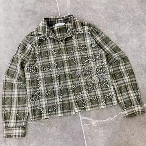 T-shirt Personalizzata <span class=keywords><strong>con</strong></span> Stampa Cristallo Oversize, <span class=keywords><strong>Bottoni</strong></span>, Maniche Lunghe, Motivo a Quadri, Diamanti, Strass, Flanella, Taglio Corto, Lavaggio Acido per Uomo - Product Image 5