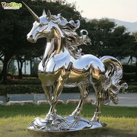 Statue de licorne grandeur nature en acier inoxydable poli miroir, sculpture de cheval en métal personnalisée pour la décoration extérieure de jardin, parc, hôtel