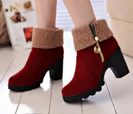 2019 new arrival hot sale sexy ladies suede boots faux fur winter ankle snow boots women shoes block high heels