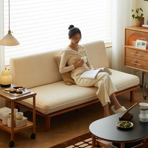 Sofá Cama de Madera Maciza Estilo Japonés, Sin Brazos, Tamaño Doble, para Salas de Estar Pequeñas y Apartamentos, Diseño Retro Simple en Tela - Product Image 2